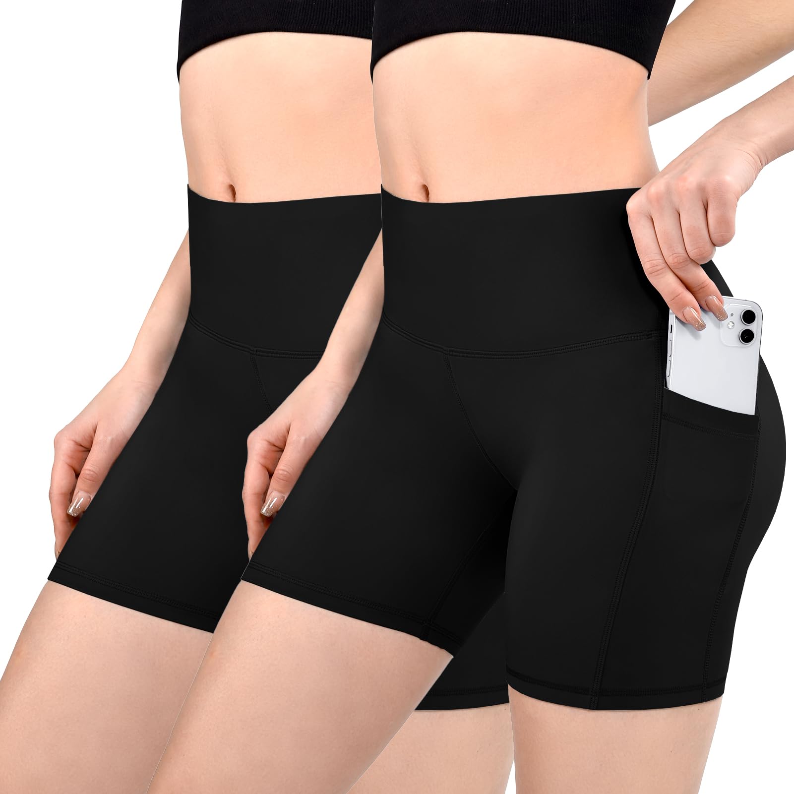 Sanpetix Radlerhose Damen mit Taschen High Waist Sporthose Damen Kurz Sport Shorts für Gym Schwarz 2 Pack XXL