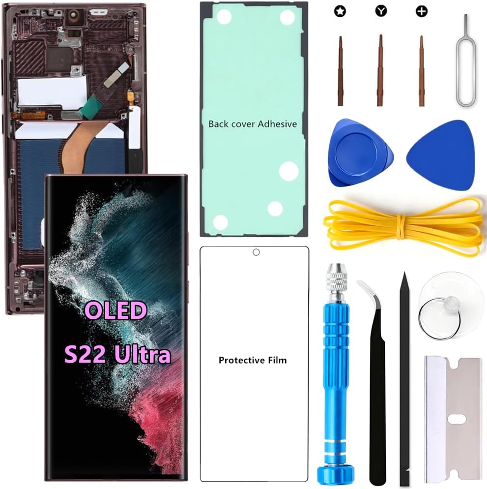 OLED Screen Replacement for Samsung Galaxy S22 Ultra 5G for Samsung S22Ultra SM-S908U SM-S908U1 LCD Display Digitizer Touch Assembly Support Fingerprint S-Pen (Red Frame+Protector+Adhesive+Tools)