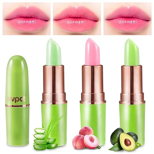 BINGBRUSH Juego de 3 lápices labiales de aloe vera melocotón, aguacate, verde que cambia de color, PH Mood de larga duración, hidratante, brillo