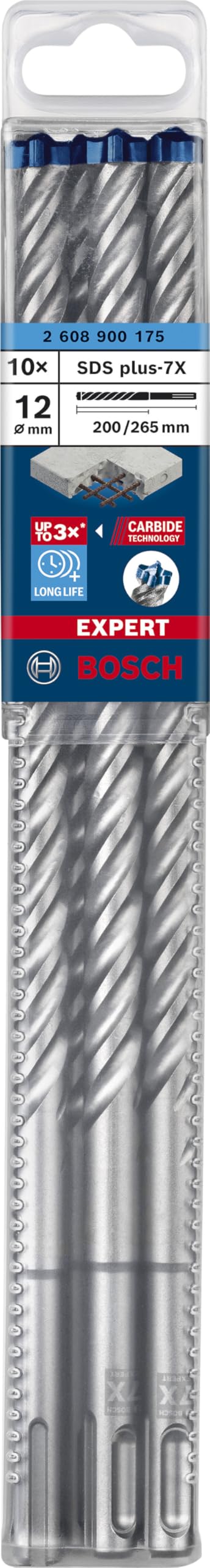 Bosch Professional 10x Brocas para martillo Expert SDS plus-7X (para Hormigón armado, Ø 12.00 x 265 mm, accesorios Martillo perforador rotativo)