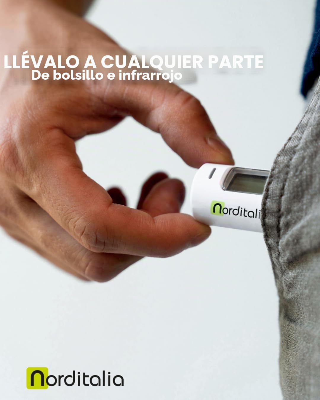 NORDITALIA, KFT-27 - Termómetro infrarrojo de bolsillo para fiebre, tamaño ultracompacto, tamaño en 1 segundo sin contacto de 0-3 cm, batería incluida, 20 memorias
