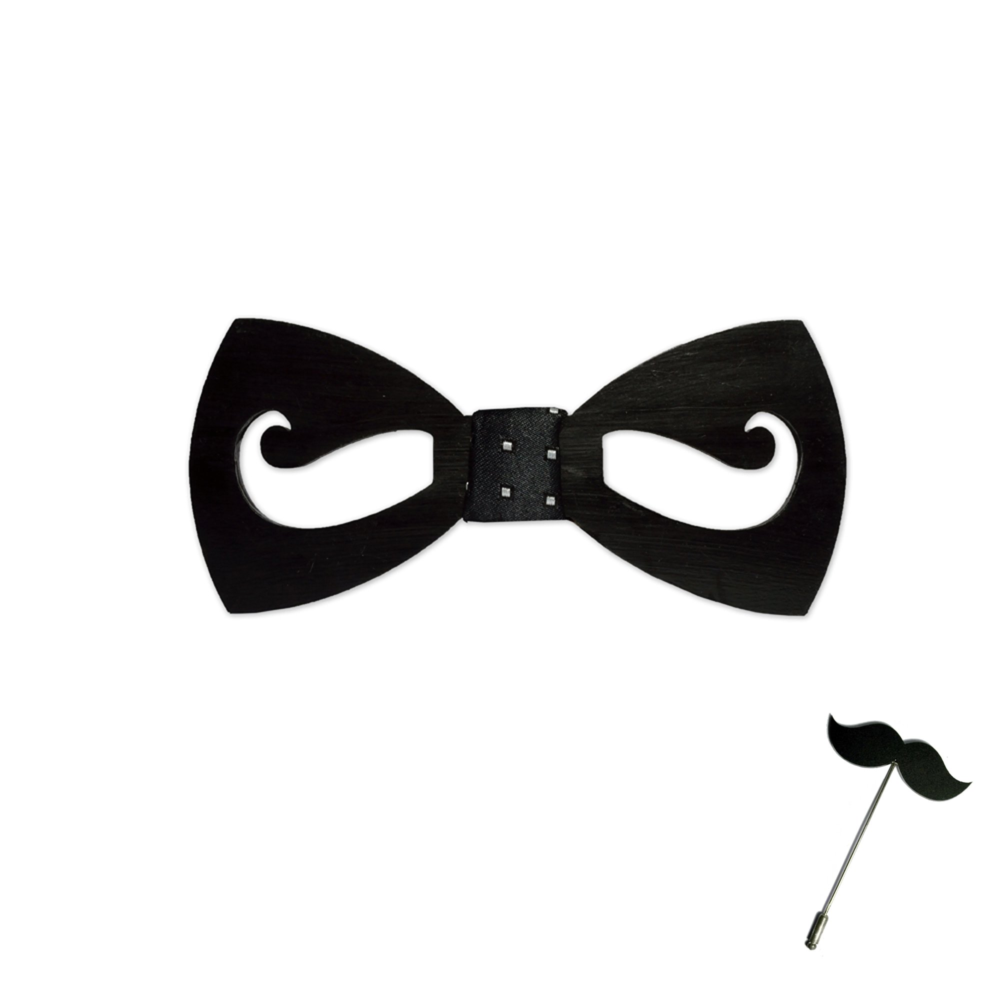 Men Wooden Pre Tied Bow Tie With Brooch Pin Black (Bow_Mustache_M, Free Size)-image-30