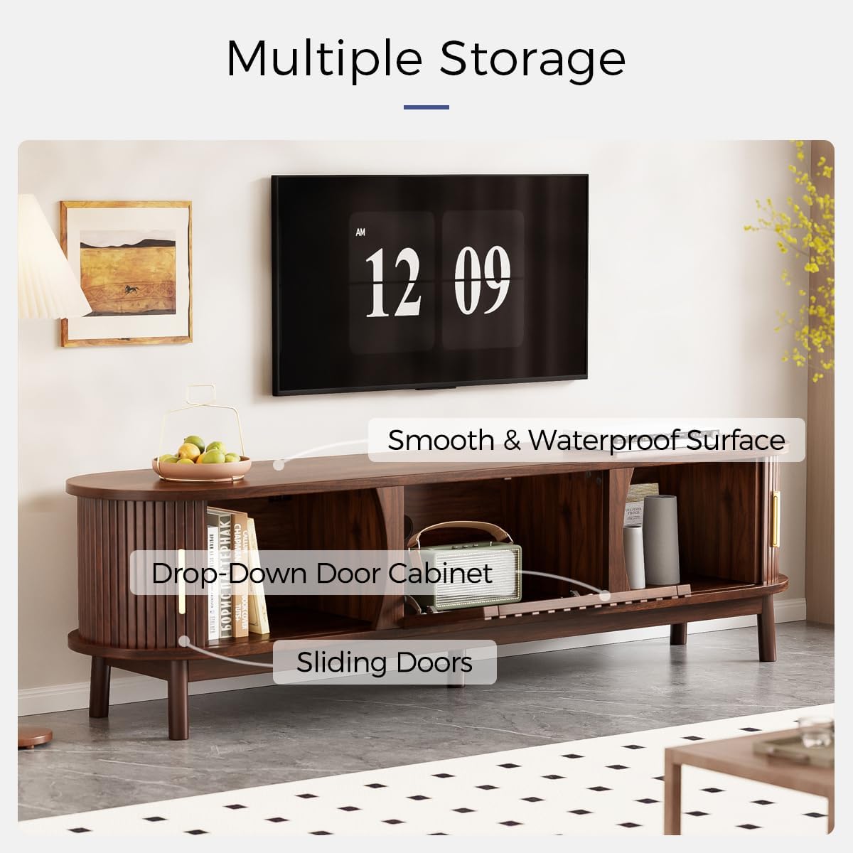 Fluted TV Stand with Sliding Tambour Door, Modern Entertainment Center with Storage Cabinet and Drawers for Living Room, Mid Century Media Console Table for TVs up to 80 Inch (Dark Brown, 67”)