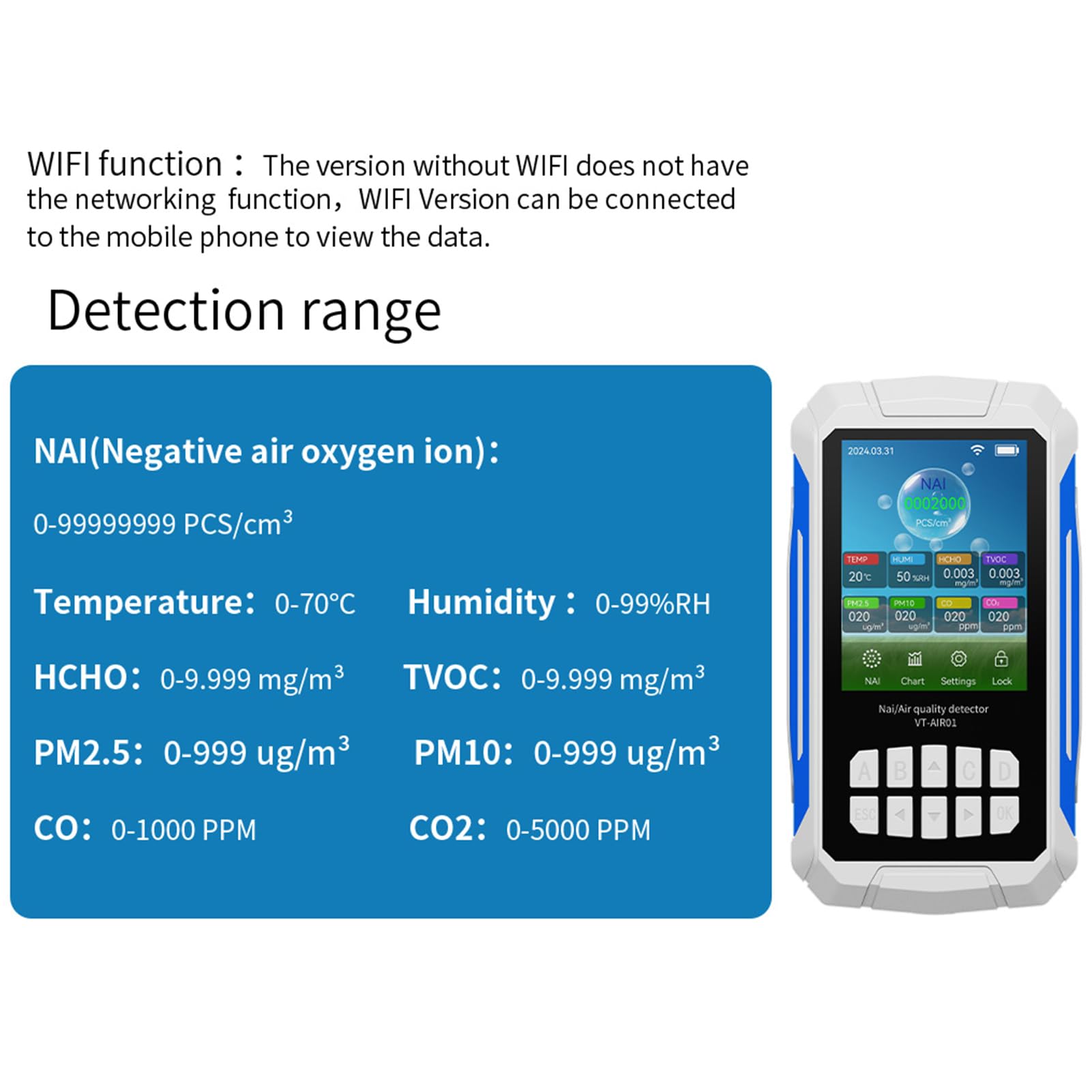 ViaGasaFamido Rilevatore della qualità dell'Aria e Misuratore Ionizzatore – Tester dell'Aria Portatile con COV/PM2,5/CO2/Temp/Umidità per Ufficio Domestico e Monitoraggio degli Ioni Negativi (White)