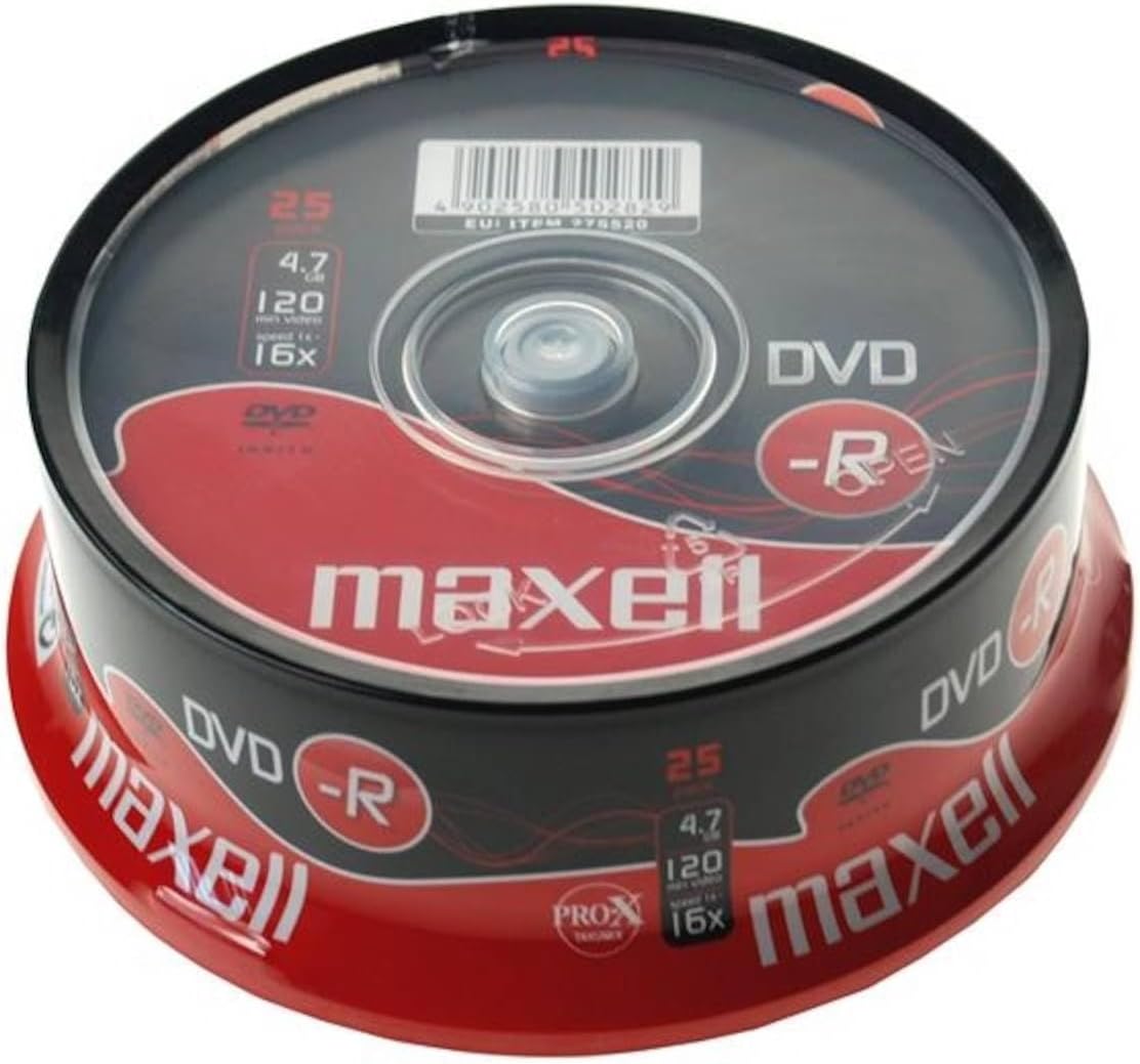 Maxell DVD-R 4.7GB 16x 25-Pack 4.7GB DVD+RW Virgins 4.7GB DVD-R 120mm 0.74 μm 1.2 mm 1.5 cm