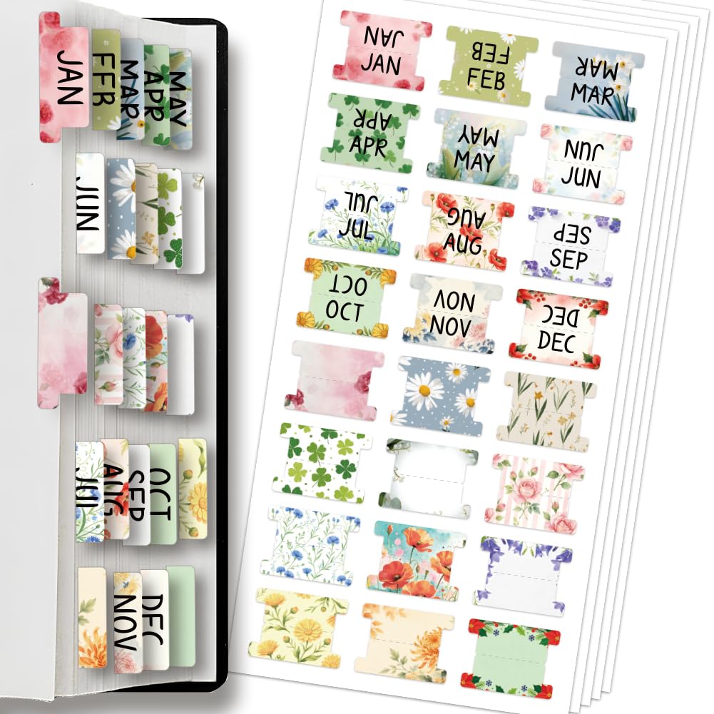 AHANDMAKER 120 Pieces Sticky Monthly Divider Tabs Bible Book Index Tabs Labels Laminated Planner Monthly Tab for Office Study Planners Notebooks Journals, Assorted Flowers