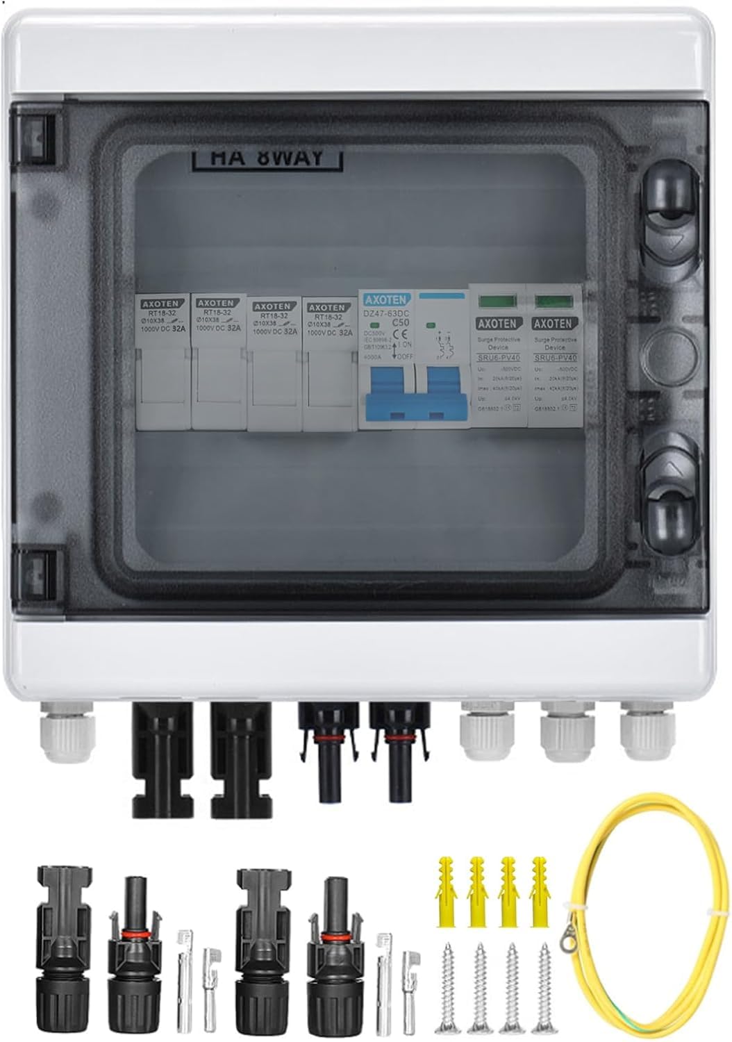 Scatola di Giunzione Solare Fotovoltaica, Scatola Combinatore Solare Fotovoltaico 500V 2 Stringhe 15A 2 in 1 out, IP65 Scatola Di Giunzione In Plastica Impermeabile Per Uso Esterno