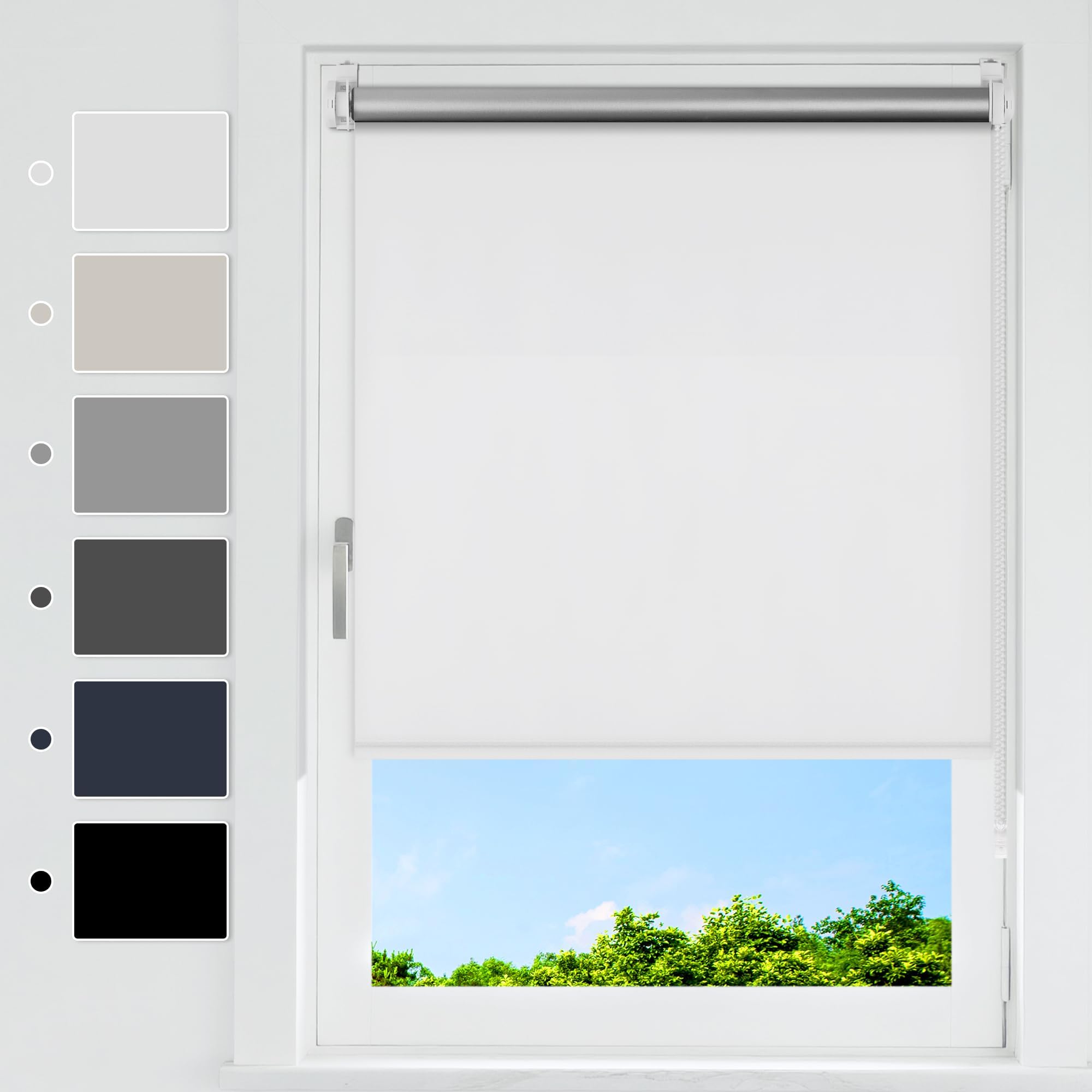 HOMEDEMO Tende a rullo oscuranti per interni Senza Foratura, 115x230cm, (Tessuto 115cm), Bianco, Tenda a rullo oscurante, veneziane da interno Giorno e Notte,per Porte e Finestre