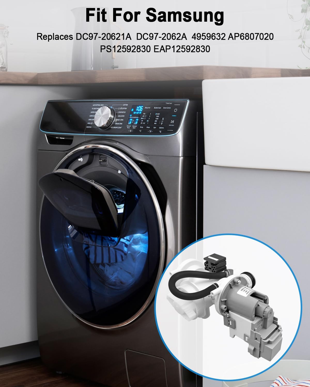 DC97-20621A Washer Drain Pump Assembly Fit for Samsung Washing Machine Motor, Replace DC31-00187A 4959632 AP6807020 PS12592830 EAP12592830