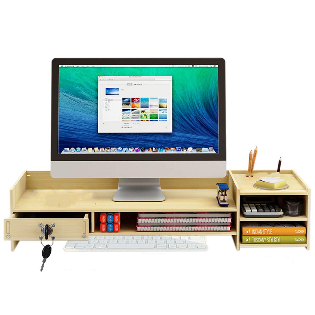 Support de Moniteur en Bois avec Tiroir et Compartiments Verrouillés, Organisateur de Bureau D'ordinateur, Hauteur Réglable pour la Maison ou Le Bureau,A