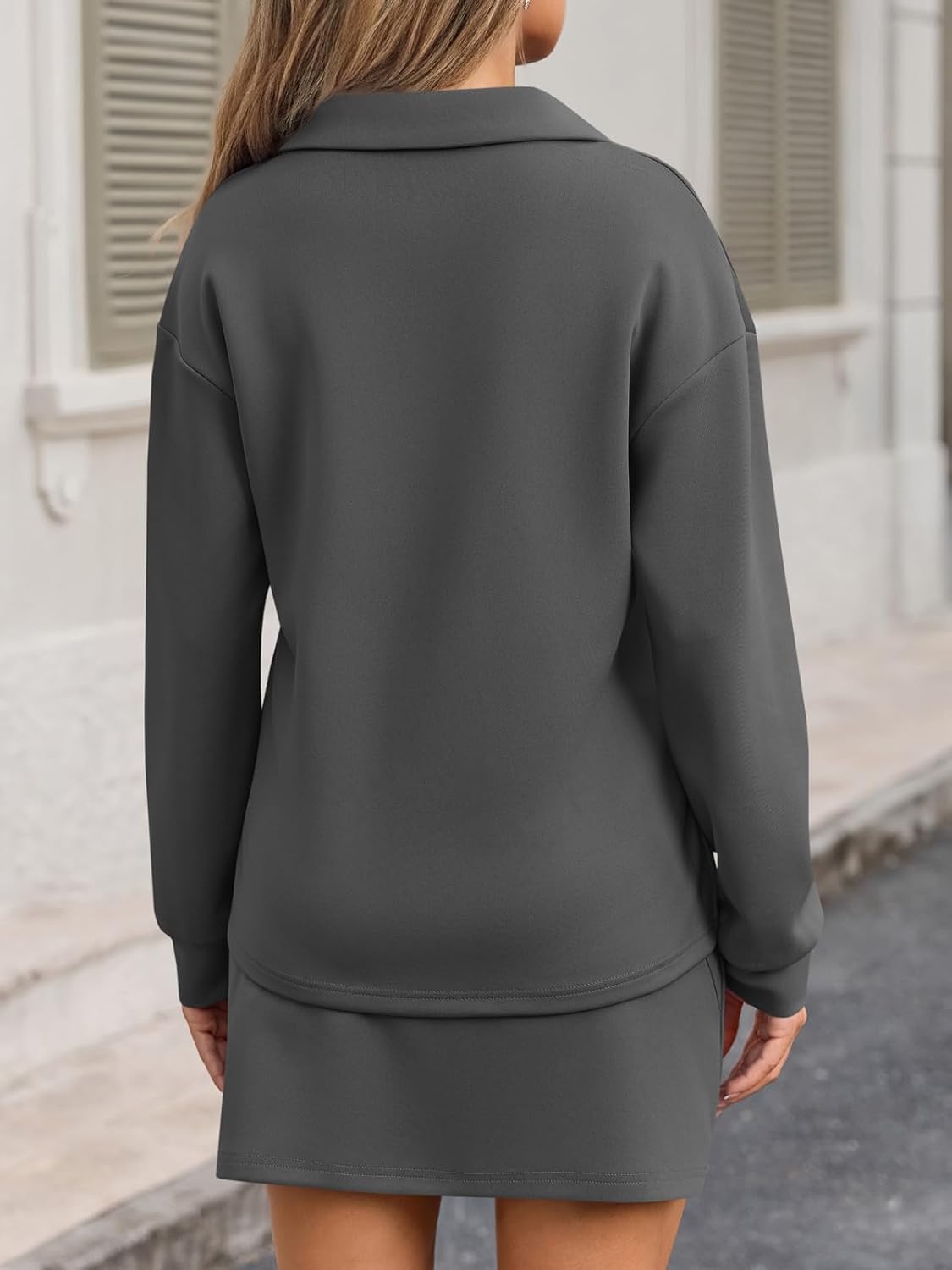 Fisoew Womens 2 Piece Outfits Casual Polo V Neck Sweatshirt High Waisted Skort Skirts Running Tracksuit Sets - Image 2