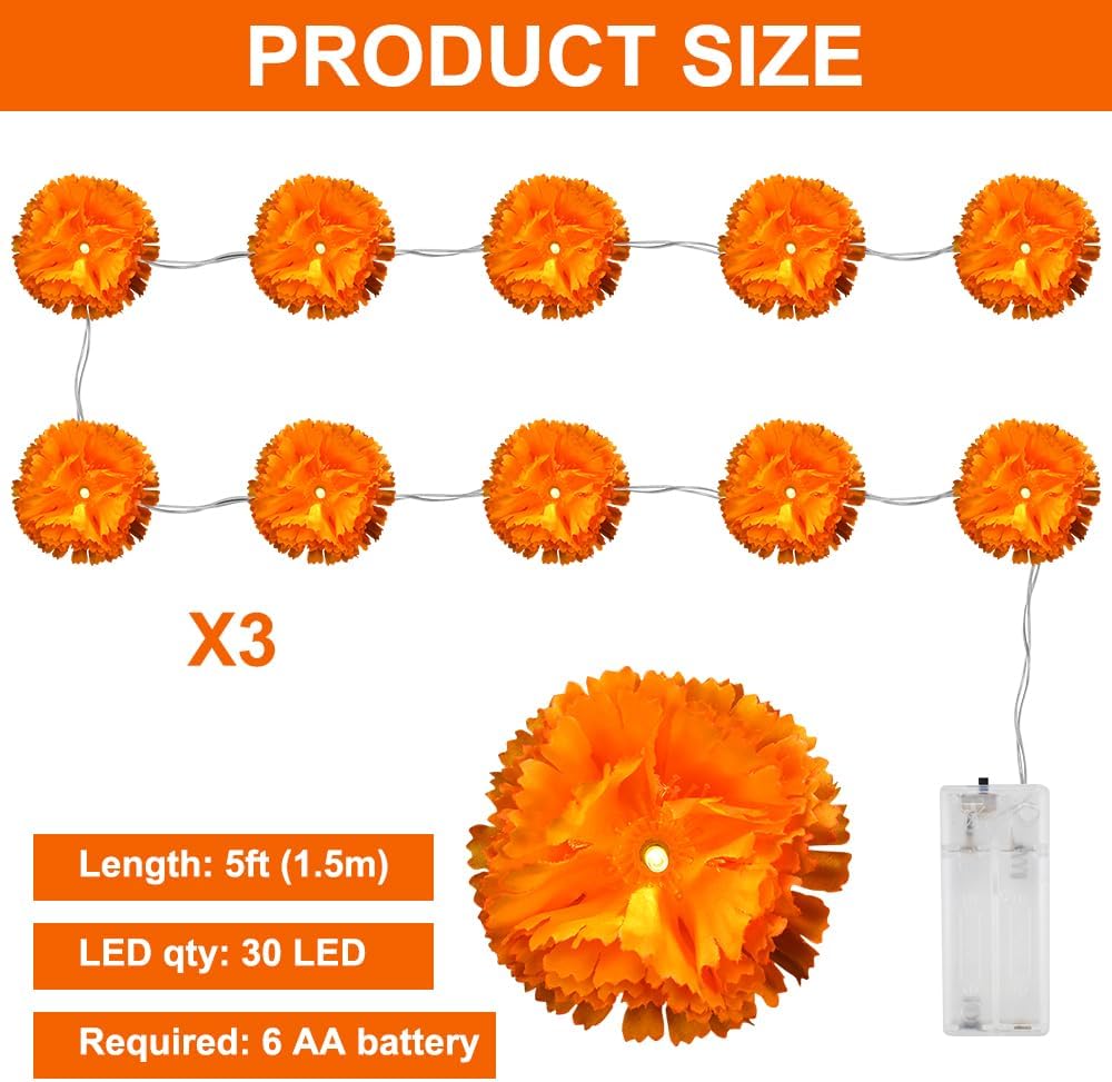 3PCS Lighted Marigold Garland, 10 LED Artificial Marigold Flowers String Lights Dia de Los Muertos Decorations for Halloween Diwali Indian Party