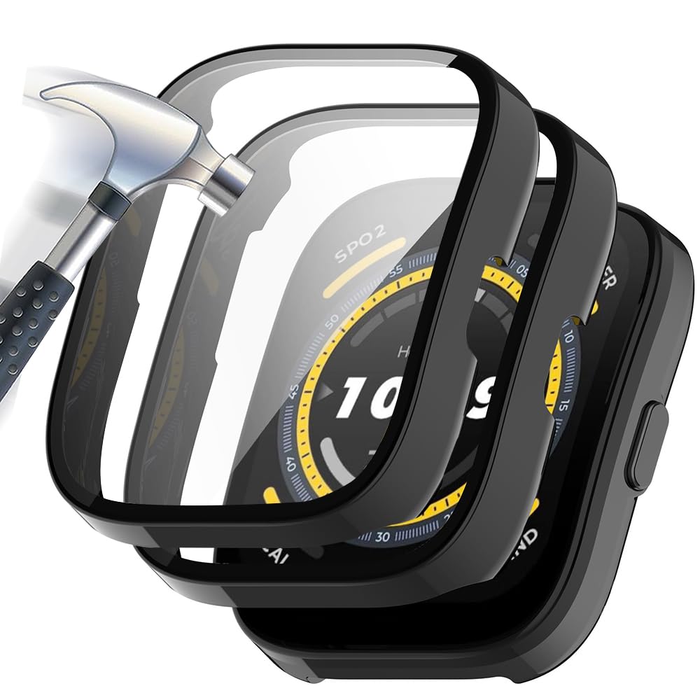 Funda con Vidrio Templado Compatible con Amazfit bip 5, [Cubierta Completa] PC Case y Protector de Pantalla para -negro+negro