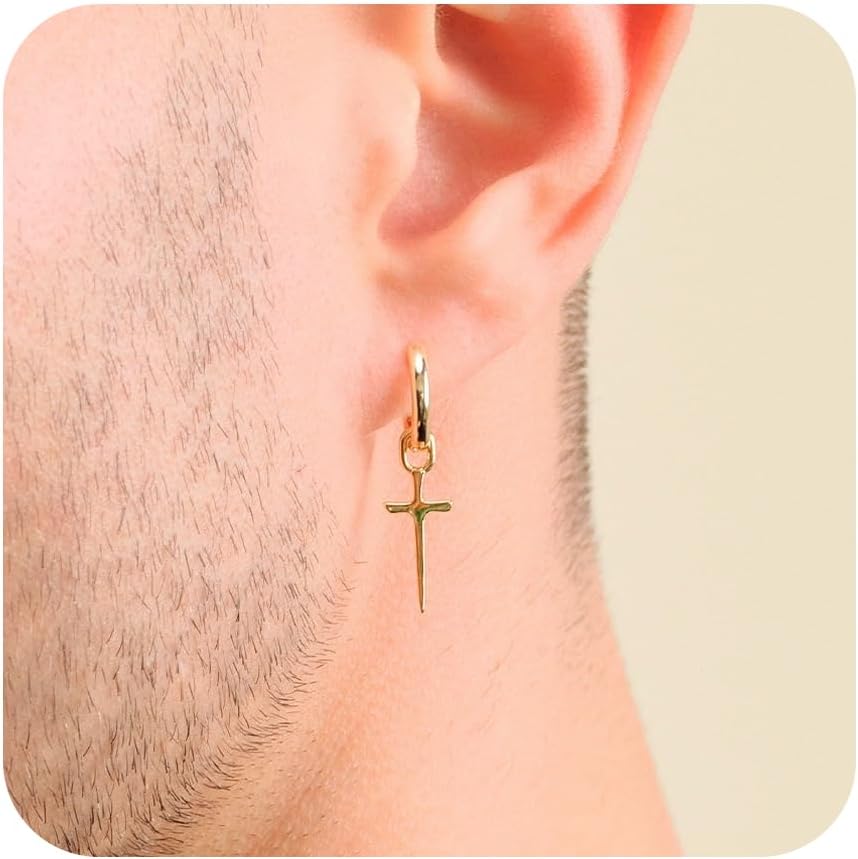 Poxtex Mens Earrings Cross Earrings for Men, 14K Gold Hoop Earrings Men Drop Dangle Small Thick Chunky Sterling Silver Huggie Hoops Hypoallergenic Trendy Dainty Earrings Men Accessories Jewelry Valentine Day Gift