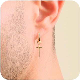 Poxtex Mens Earrings Cross Earrings for Men, 14K Gold Hoop Earrings Men Drop Dangle Small Thick Chunky Sterling Silver Huggie Hoops Hypoallergenic Trendy Dainty Earrings Men Accessories Jewelry Valentine Day Gift