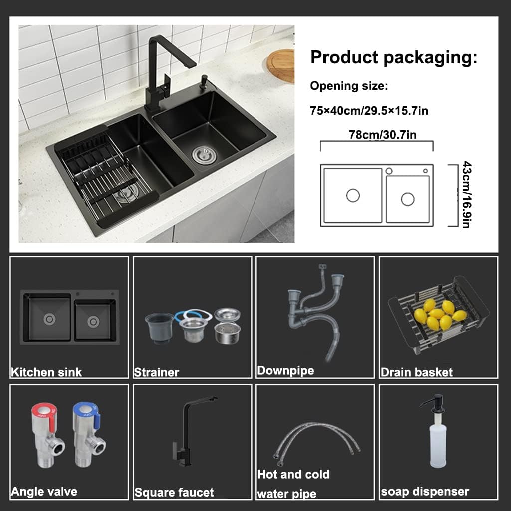 Double Bowl Kitchen Bar Sink Wet Bar & Prep Sink 304 Stainless Steel RV Sink with Square Faucet & Drain Top Mount Or Undermount (Color : Black, Size : 78x43x22cm)