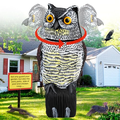JNKNT Owl Decoys to Scare Birds Away, Garden Owl Decoy with Waterproof 360° Rotating Head, Plastic Bird Deterrent for Yard Patio Outdoor