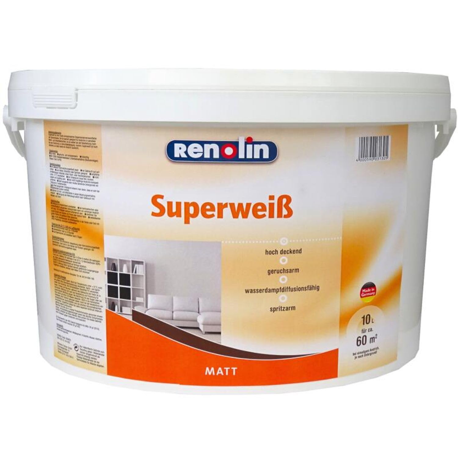Wilckens Renolin - Pintura para pared (10 L, color blanco mate, alta opacidad), color blanco