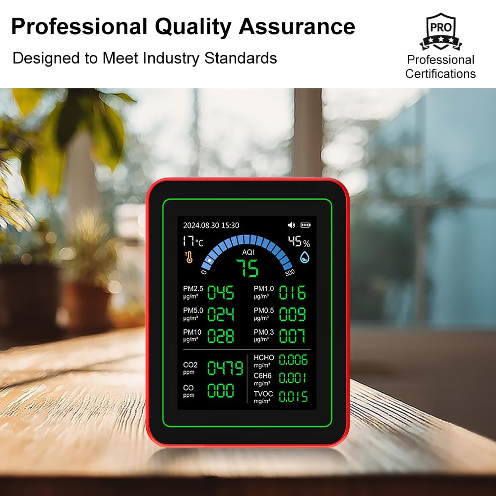 Gugxiom Probador de Calidad del Aire Interior, 18 en 1, CO2, TVOC, HCHO, PM2.5, PM10, Detección de Temperatura y Humedad, Almacenamiento de Datos
