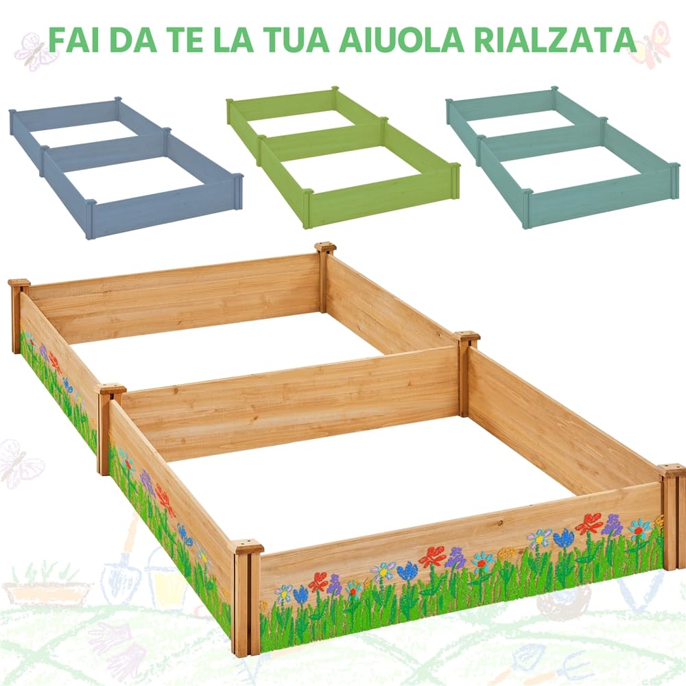 Yaheetech Letto Rialzato da Giardino in Legno Massiccio 234,5 cm × 120,5 cm × 25,2 cm con Griglia Centrale Fioriera da Giardino per Coltivazione Marrone Chiaro
