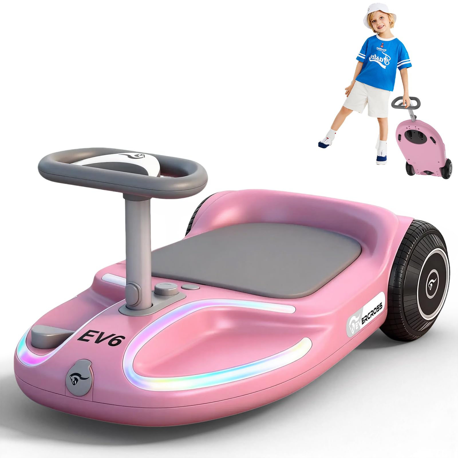 EVERCROSS EV6 Kinder Elektroauto, 4-in-1 Rutschauto mit Pedal, Wiggle Car mit 90W Motor, LED-Lichter & Bluetooth Musik, 360° Lenkung, Klappbar Kinderauto Elektrisch für Jungen & Mädchen