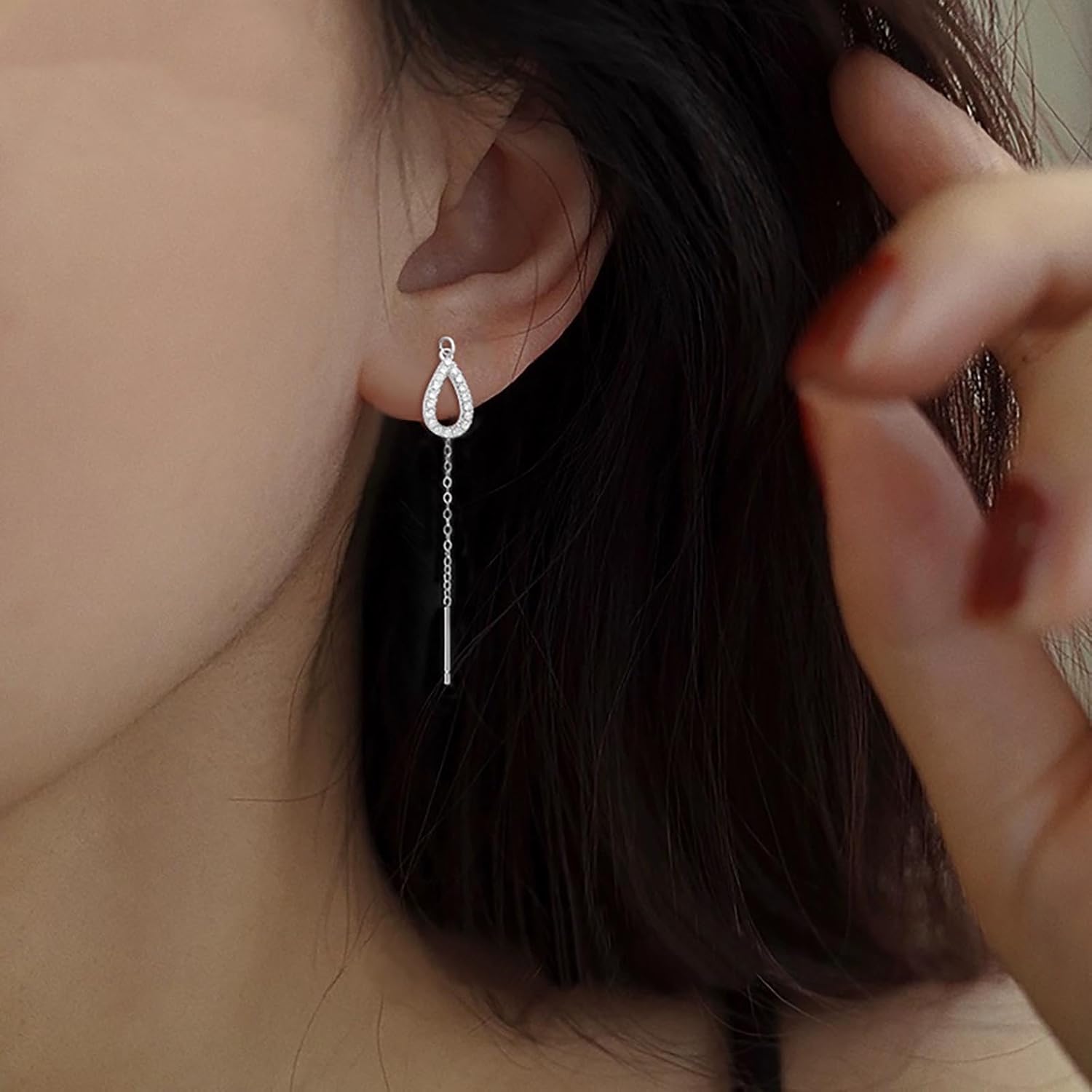 Boho Crystal Teardrop Threader Earrings Gold Bar Threader Chain Earrings Long Tassel Chain Earring CZ Tassel Drop Earring Jewelry for Women - Image 7