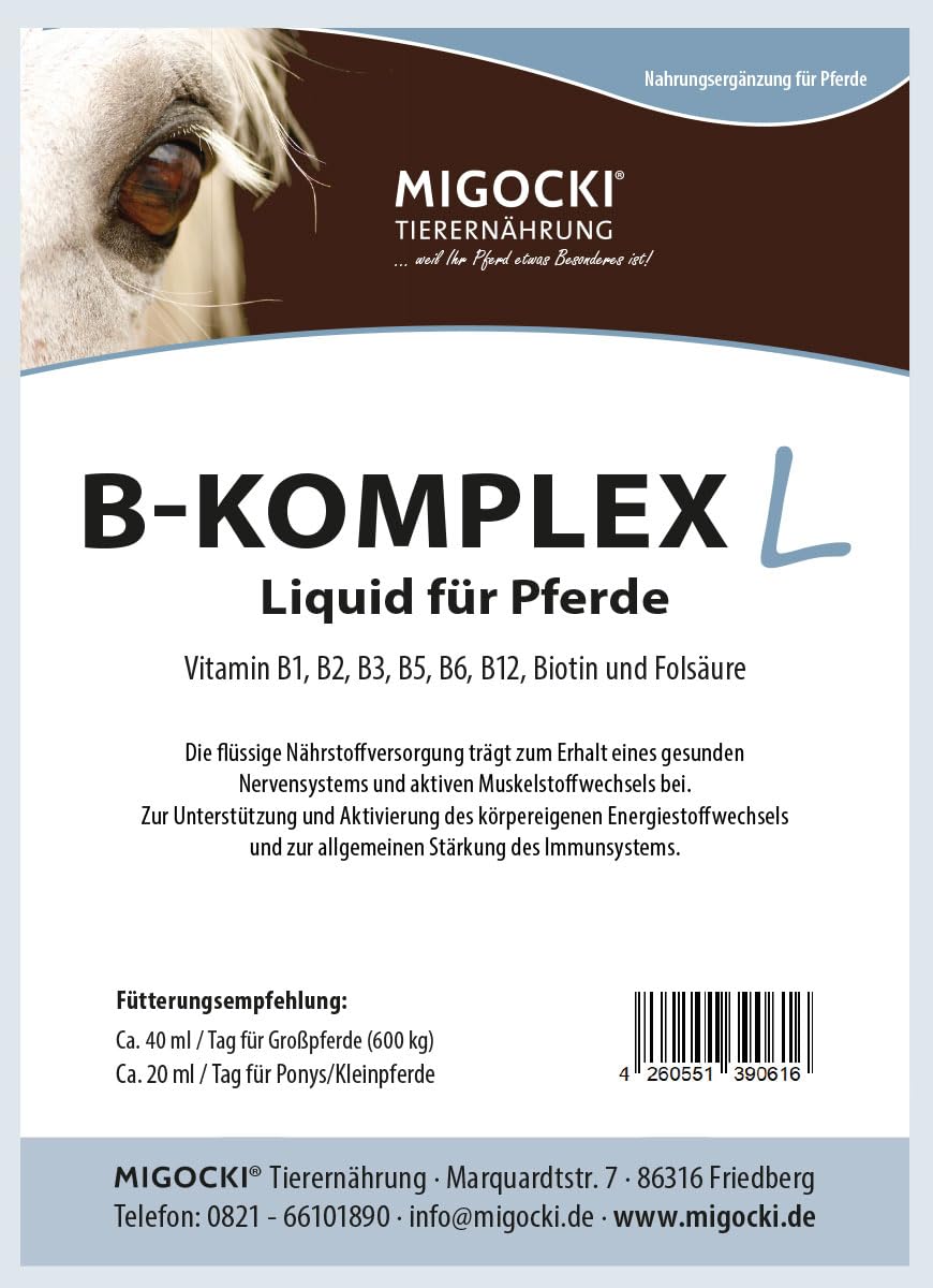 MIGOCKI Vitamin B-Komplex Liquid - 8 wichtige B-Vitamine - Stärkt Nervensystem und Muskulatur - Flüssiges Ergänzungsfuttermittel - 1000 ml Dosierflasche