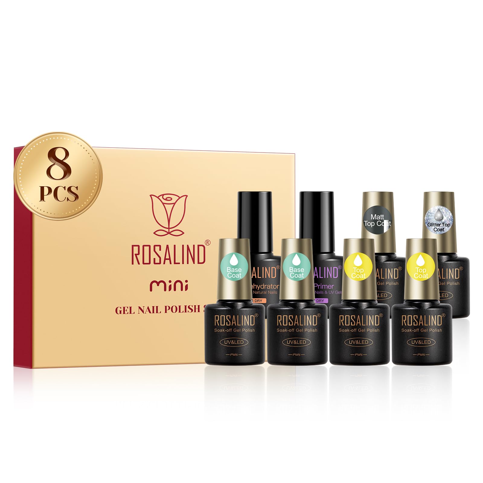 ROSALIND Base et Top Coat Vernis Semi Permanent, 8PCS Primer et Nail Prep Déshydratation Kit, Matt et Paillettes Top Coat UV LED Soak Off Vernis Gel Semi-permanent Manucure Kit