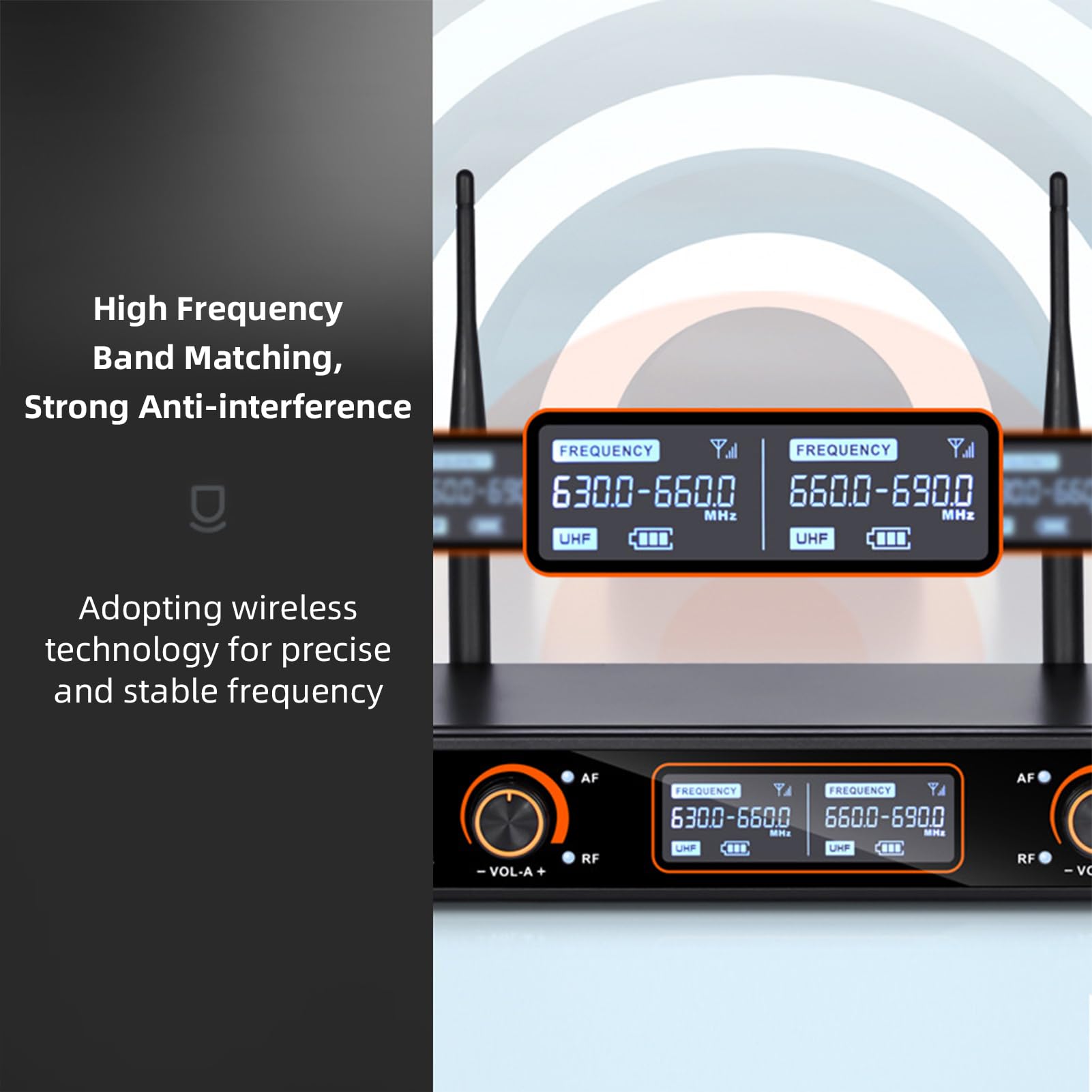 Jemora microfonico portatile wireless UHF professionale a 16 canali 2 microfoni 1 ricevitore Cavo audio da 6,35 mm Display LCD Microfono e ricevitore cardioide 16 canali per Karaoke Feste in