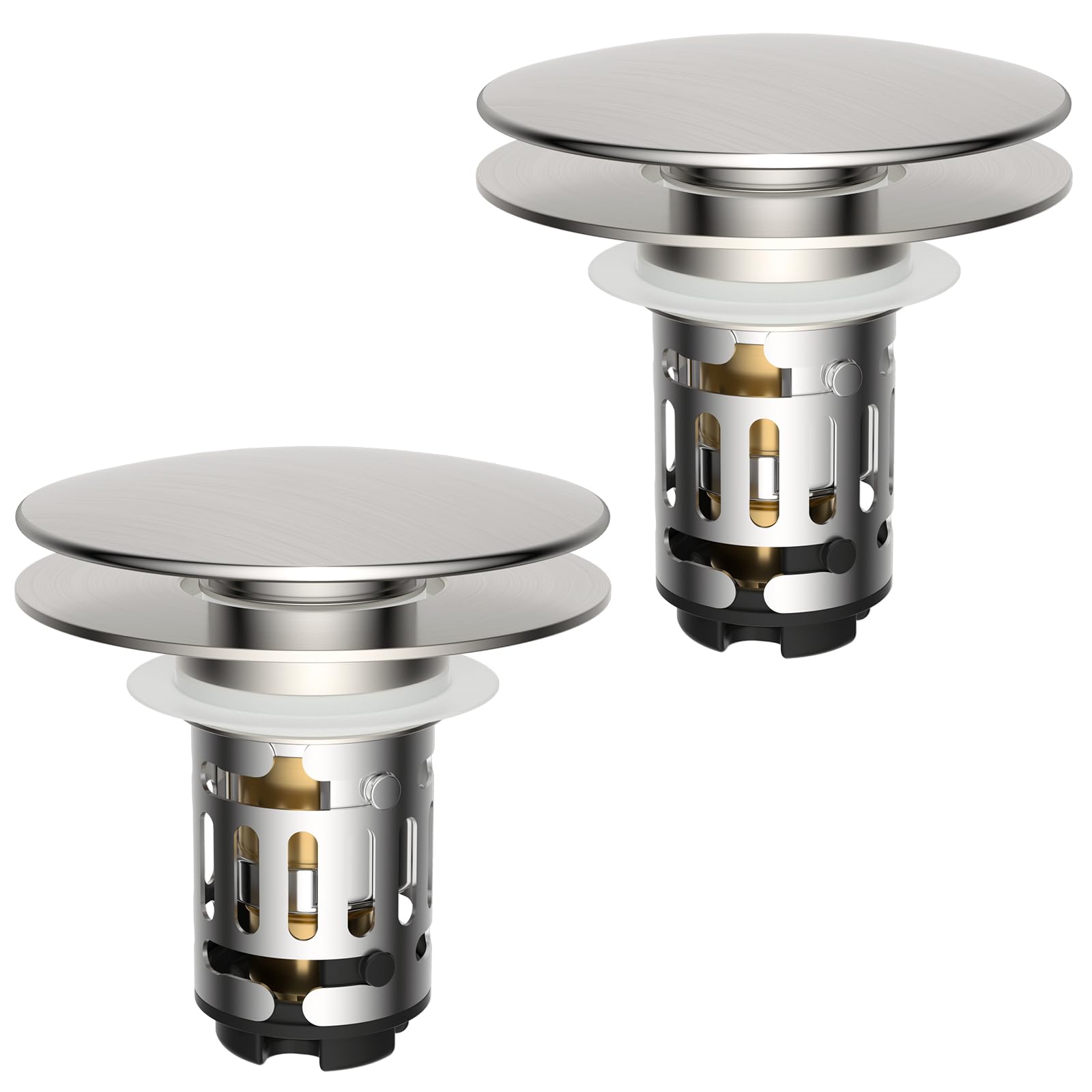 Hibbent 3-in-1 Waschbecken-Abflusssieb, Pop-Up-Waschbeckenstöpsel mit großer Kappe, verstopfungsfreier Metall-Filterkorb, Waschbeckenstöpsel mit Haarfänger für 2,8 cm ~ 5,9 cm Waschbecken, gebürstetes