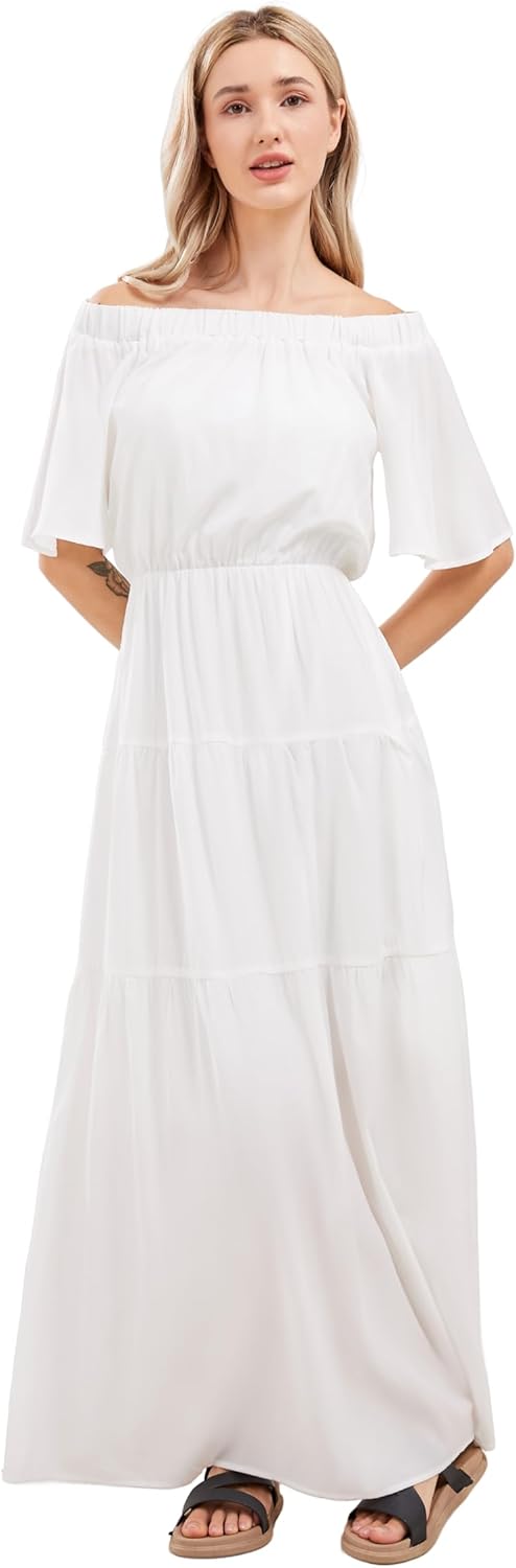 loveimgs Women's Summer Off Shoulder Ruffle Cotton Dress Short Sleeve Mid Rise Beach Boho Long Maxi Dress - Image 6