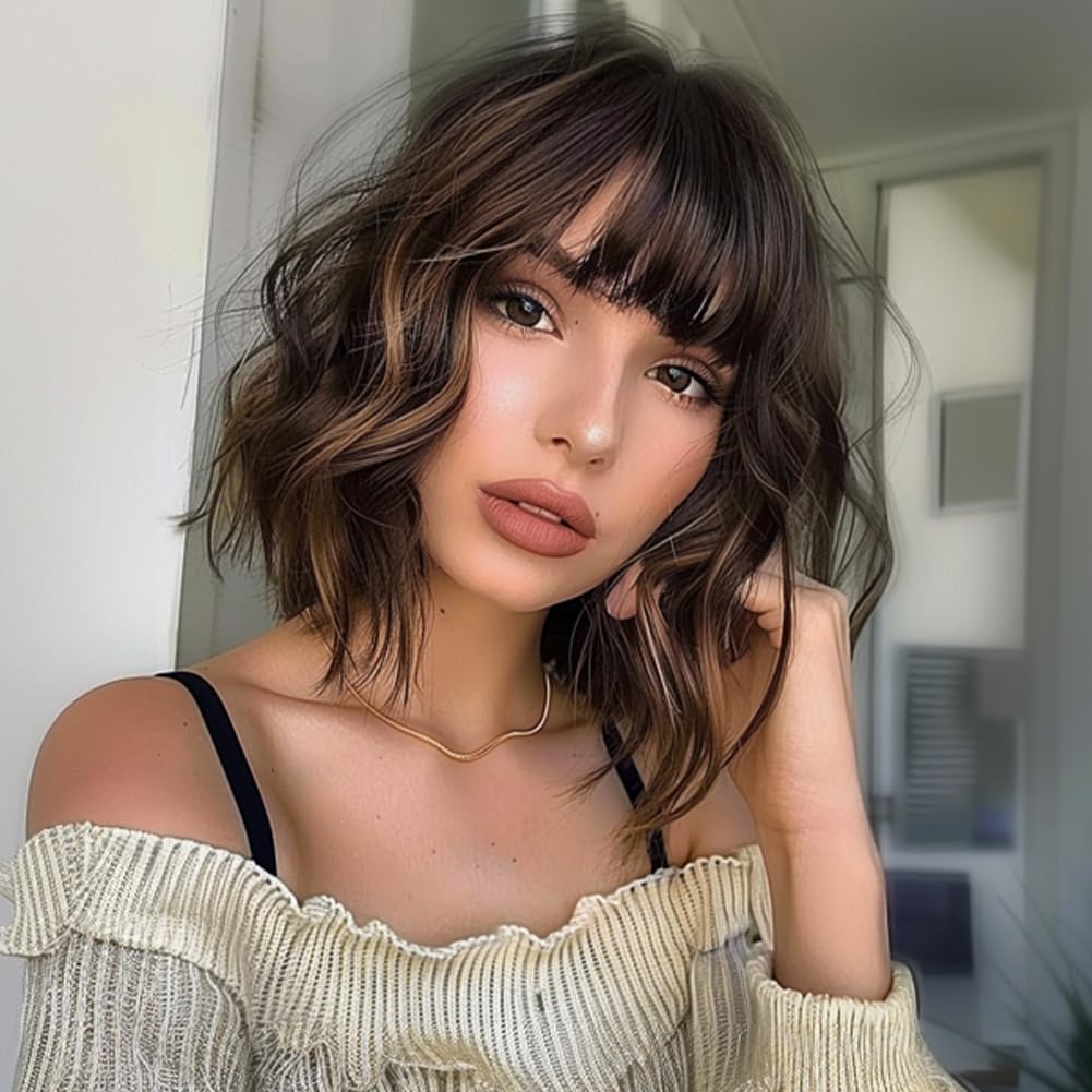 BESTUNG Short Brown Highlight Wigs for Women Ombre Dark Brown Mixed Gold Wig Highlights with Bangs Medium Length Synthetic Hair Wavy Bob Wig Colorful Wigs（12 Inches）