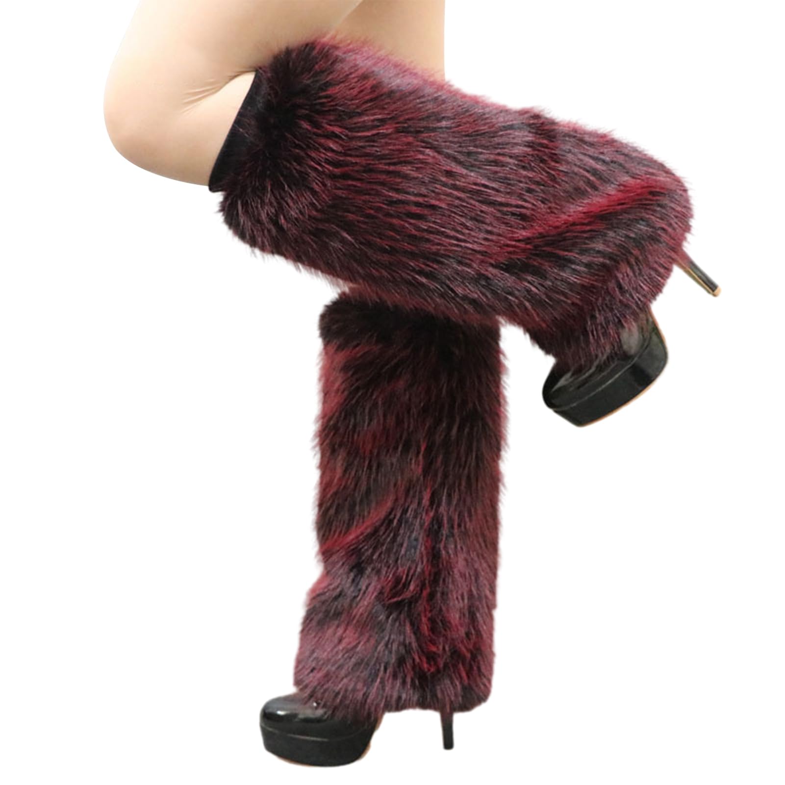 Ulafbwur Women's Wine Red Plush Leg Warmers 1 Pair Imitation Fox Fur Leg Warmers Solid Color Elastic Furry Boot Covers, 40 Cm