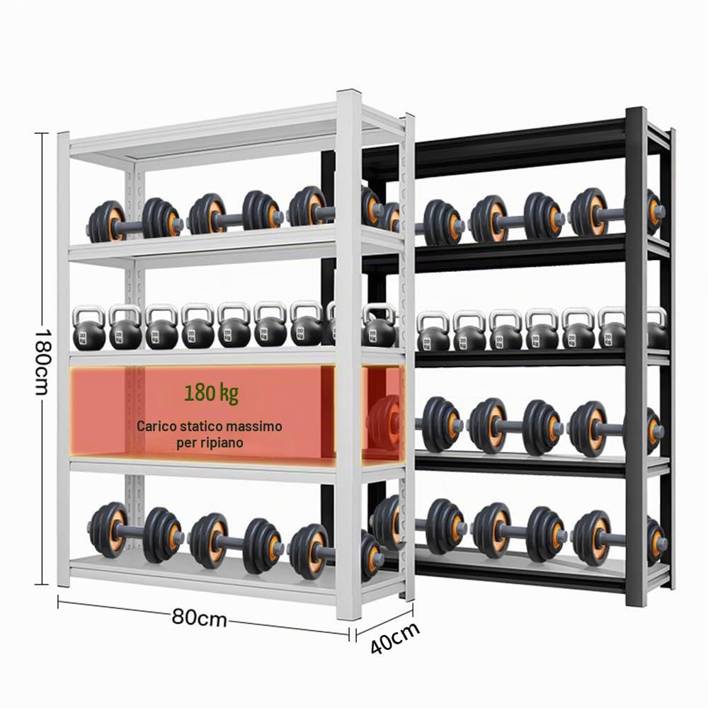 Scaffale per carichi pesanti, cantina, 80 x 40 x 180 cm, con struttura in acciaio, portata fino a 900 kg, 5 ripiani regolabili