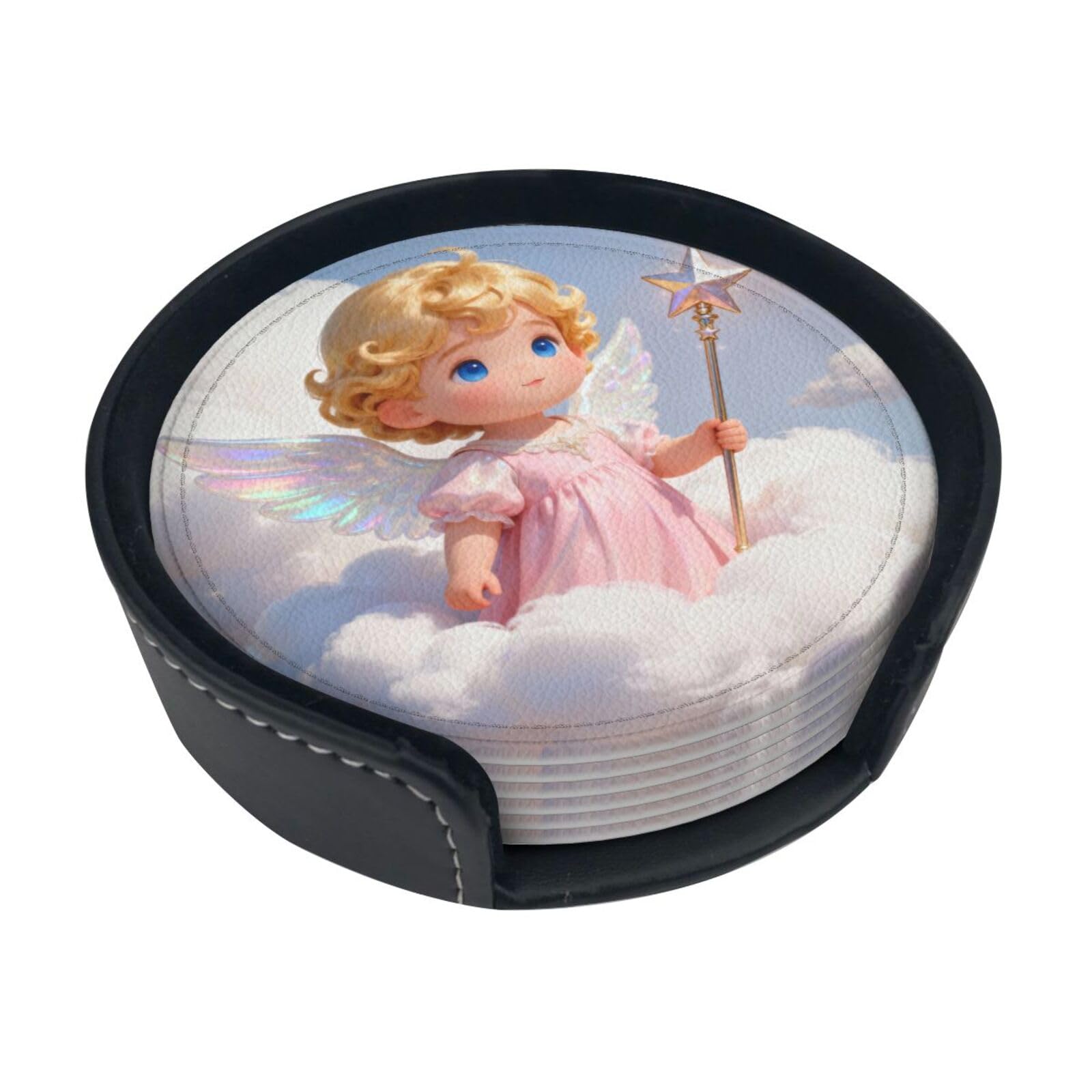 Cute Angel Leather Coasters-Set of 6 with Storage Holder