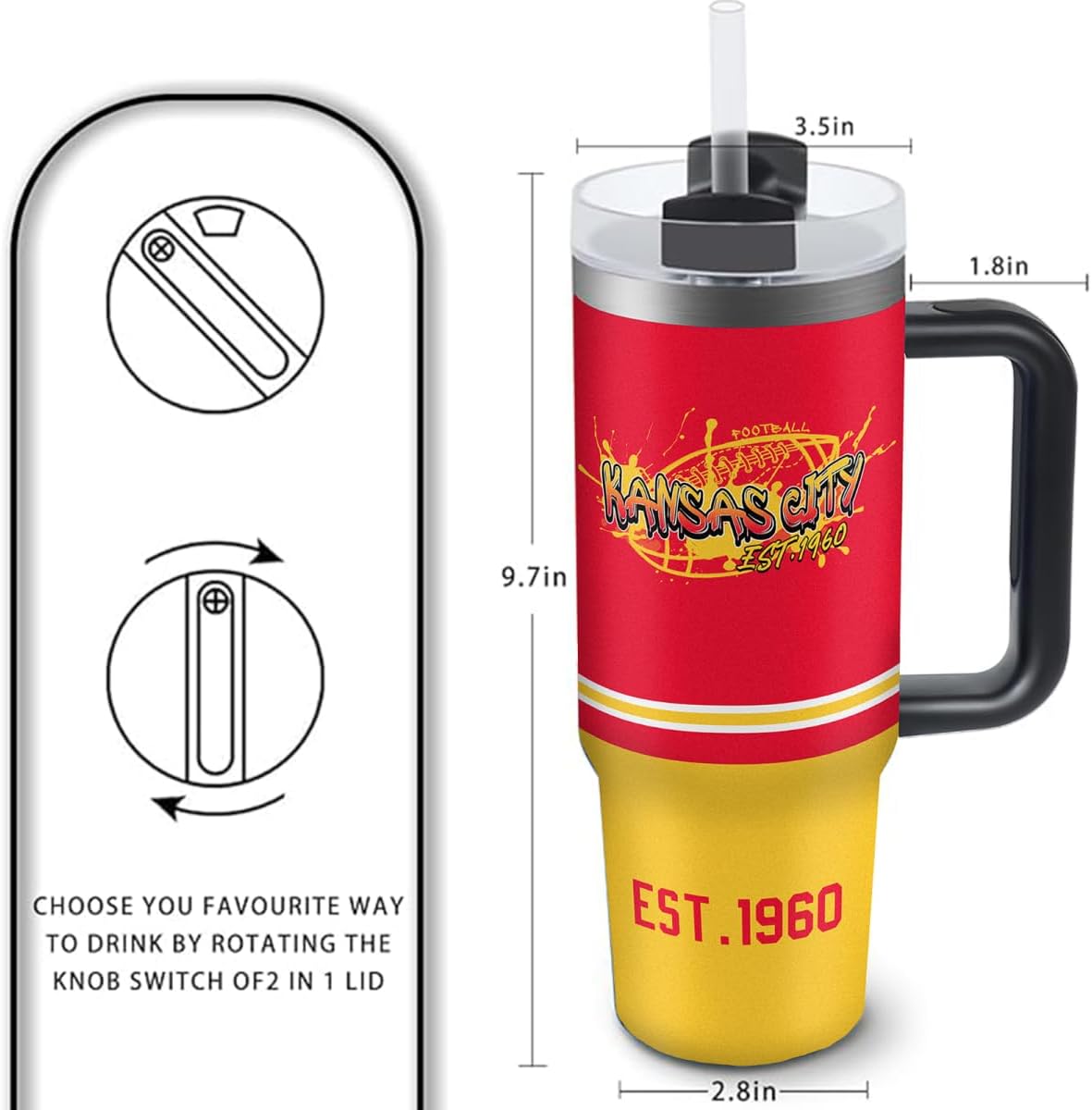 Kansas 30 oz Tumbler with Handle and Straw,Car cup,Coffee Mug,100% Leakproof Insulated Tumbler with Lid and Straw,Made of Stainless Steel,Cup Holder Friendly Base,Classic Collection Gifts for Fans - Image 3