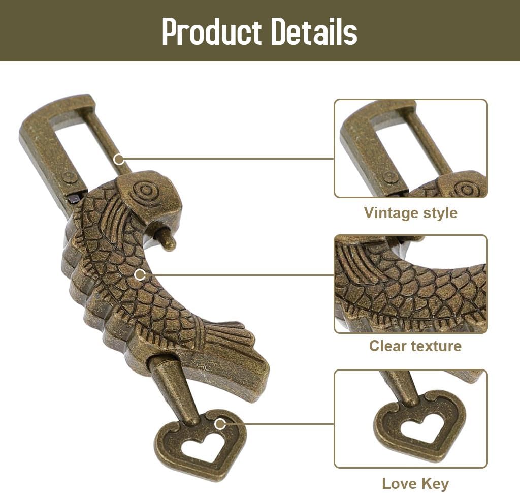 HASTHIP® Vintage Fish-Shaped Padlock with Key, Embossed Antique Jewelry Box Lock, Retro Zinc Alloy Lock for Wooden Box, Cabinet, Storage Chest, Decorative Old-Style Hardware