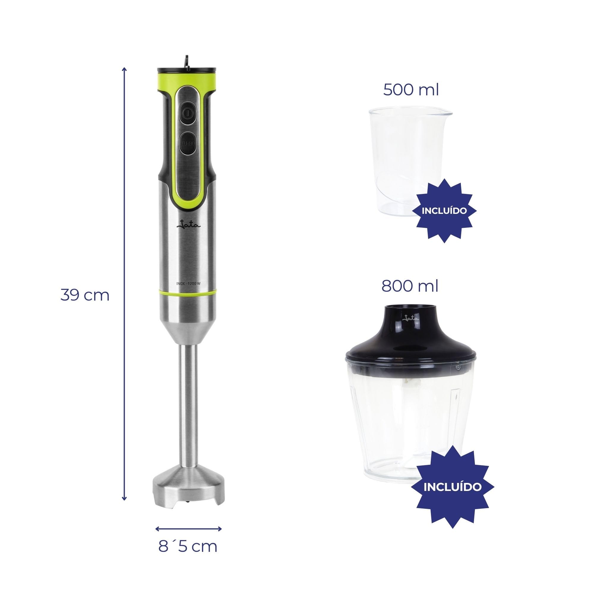 JATA JEBT1789 - Batidora de Mano 1200 W. Velocidad Ajustable. Función TURBO con 17.000 RPM. 4 Cuchillas Acero Inoxidable. Incluye Accesorios: Picadora, Batidor Varillas y Vaso de 500 ml