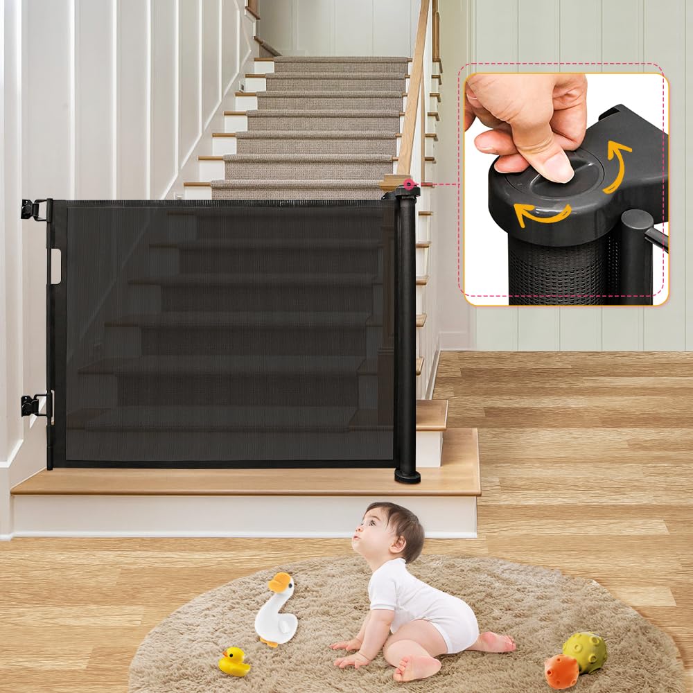 Barrera de seguridad retráctil para bebés y perros, 0-150 cm, barrera retráctil infantil, barrera de seguridad infantil, apta para escaleras, pasillos, interior (gris, 86 x 180 cm)