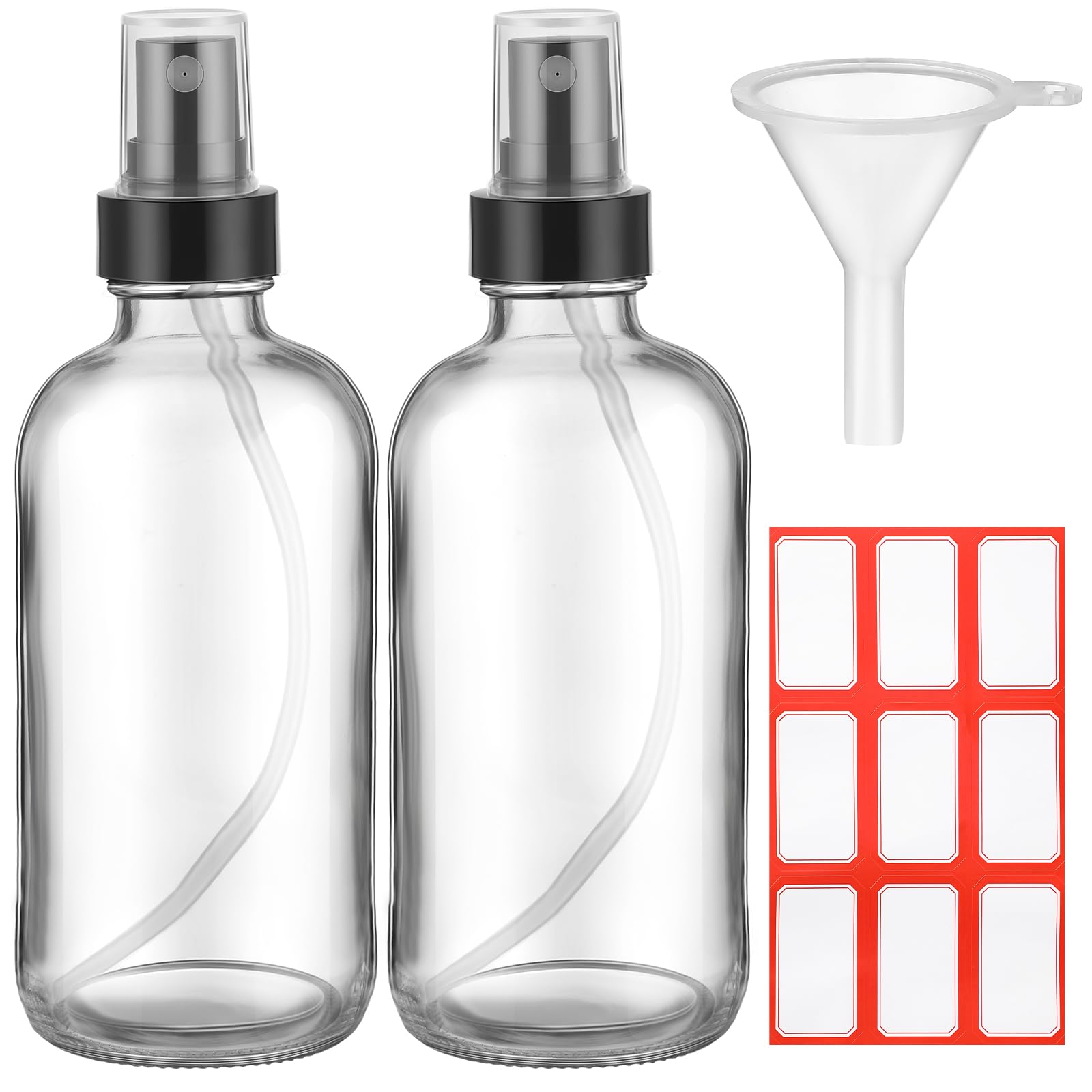 Fumete 2 Pack Glass Bottles 4oz Empty Refillable Liquid Containers with 1 Label 1 Funnel for Essential Oils Hair Travel Plants Cleaning Skin Care(