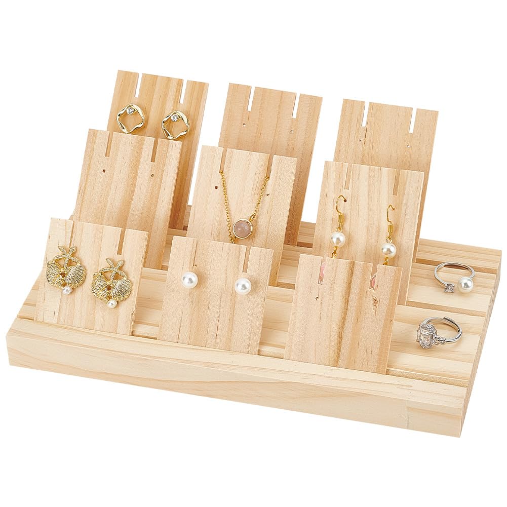 DELORIGIN Wooden Earring Display Stands Wood Tiered Earring Display With 9 Pcs Wood Portable Earring Ring Organizer Holder For Selling Earring Jewelry Organizer Displaying Photos Business Card.