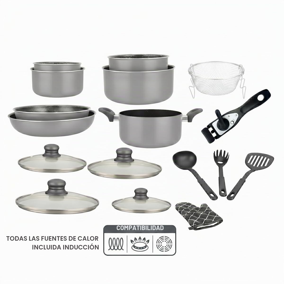 Herzberg - Juego de Batería de Cocina Inducción 17 Piezas - Aluminio Forjado con Revestimiento de Mármol - Mango Extraíble - Antiadherente - Apto para Todos los Fuegos - Guante Incluido - Cobre