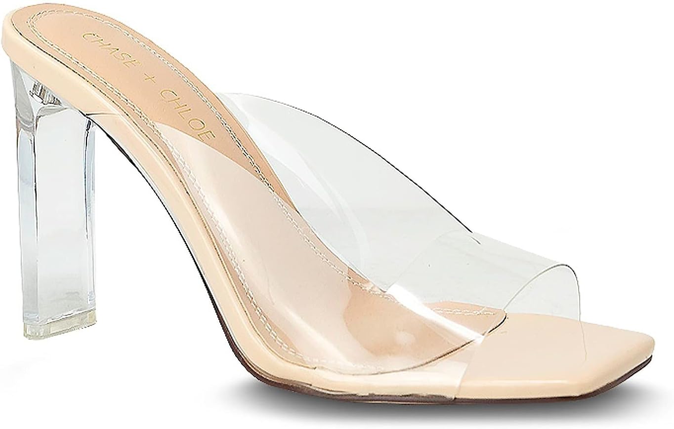 Chase & Chloe Womens Clear sandals open toe slip on mule chunky heel clear shoes Cosmo Nude 9
