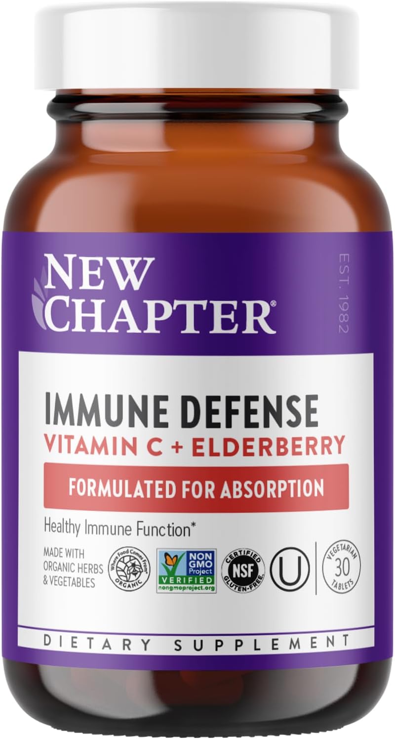New Chapter® Vitamin C Immune Defense Supplement + Elderberry – Excellent Source of Vitamin C, One Daily Tablet for Healthy Immune Support, Made with Organic Herbs, Non-GMO, Gluten Free, 30 ct