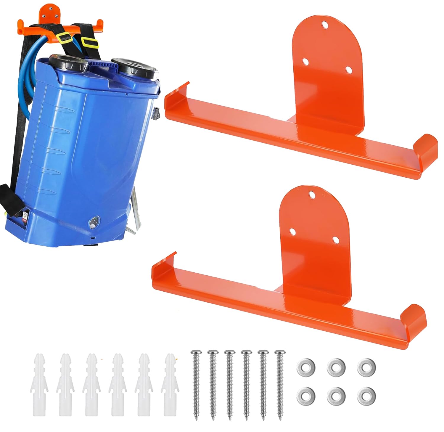 Ganchos de pared para garaje, 2 unidades, para mochila, soplador de hojas, con revestimiento de goma naranja, capacidad de carga máxima de 66 libras, soporte de pared para garaje, cobertizo