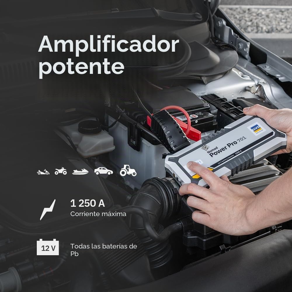 GYS, Nomad Power Pro 701, arrancador/Booster batería de Litio portátil 2000A, vehículos de 12 V (Motocicleta, Coche), Arranque Seguro, batería Externa de 6 Ah (PowerBank), lámpara LED, Pantalla LCD