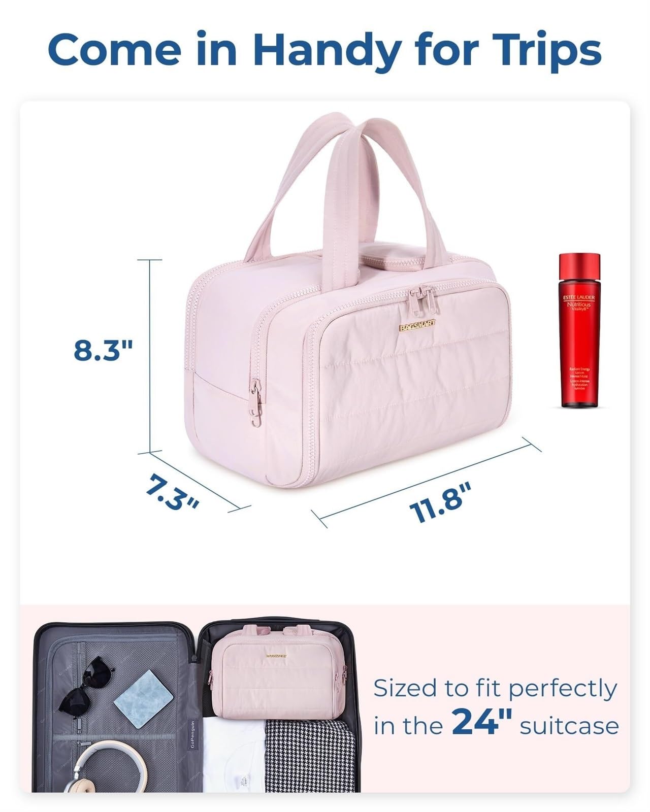 Trousse Maquillage Trousse De Toilette Trousse De Toilette De Voyage, Sac De Voyage Léger, Trousse De Maquillage Cosmétique Moelleuse, Sac De Rangement Avec Poignée Pochette Maquillage Femme(Rosa)