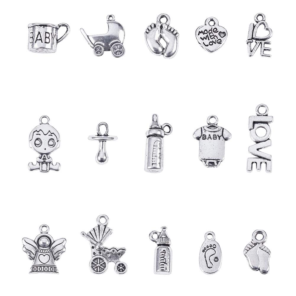 NBEADS90Pcs Tibetan Style Alloy Pendants, 15 Styles Antique Silver Charms for Birth Christening Shower Gifts Making, Mixed Shapes, Antique Silver