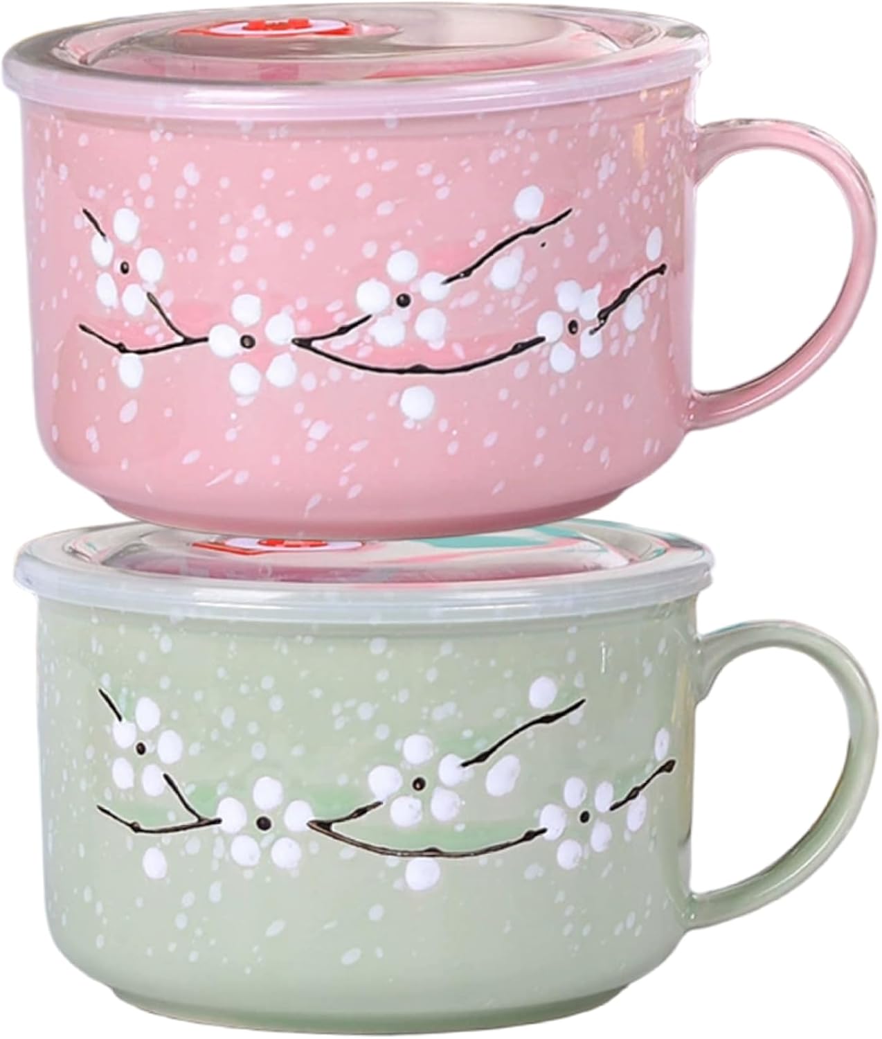 Soup Bowls with Lids and Handles|2Pcs Soup Bowls with Handles, 800ml/28oz Sealing Heat-Resistant Microwave Mug with Lid Floral Wintersweet Ceramic Travel Mug for Ramen, Noodle, Porridge