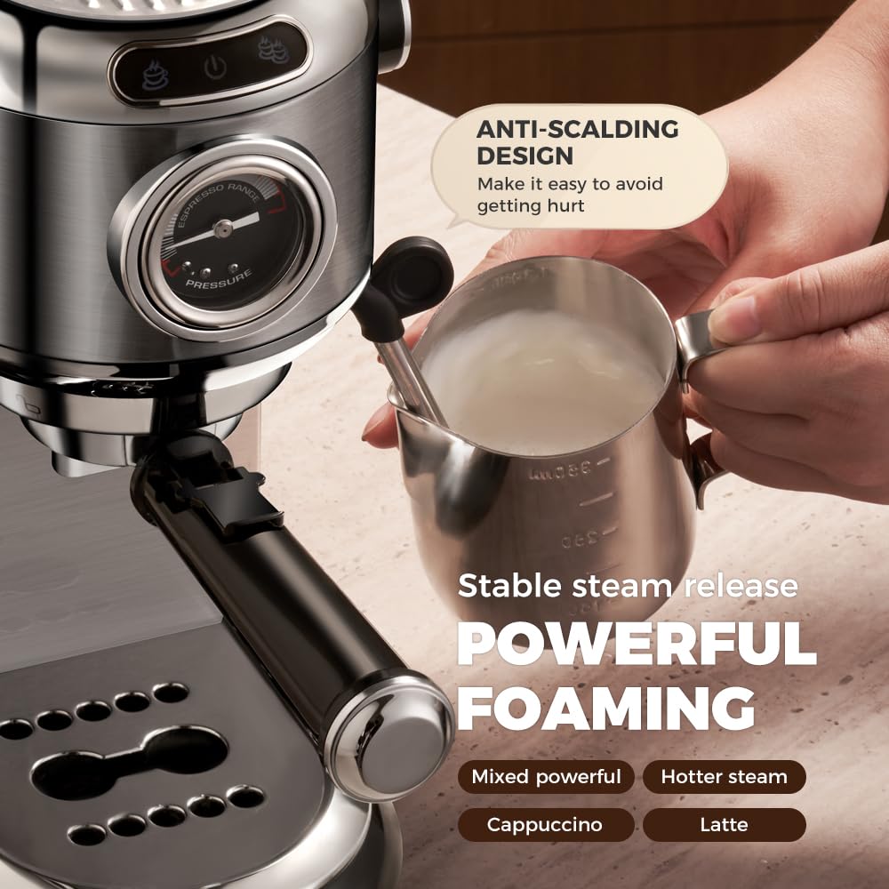 Cafelffe MK-601 2 en 1 20 bares con espumador de leche y manómetro, modo caliente/frío, infusión rápida de 1450 W, compatible con café molido y cápsulas ESE 44 mm, depósito de 1,1 L